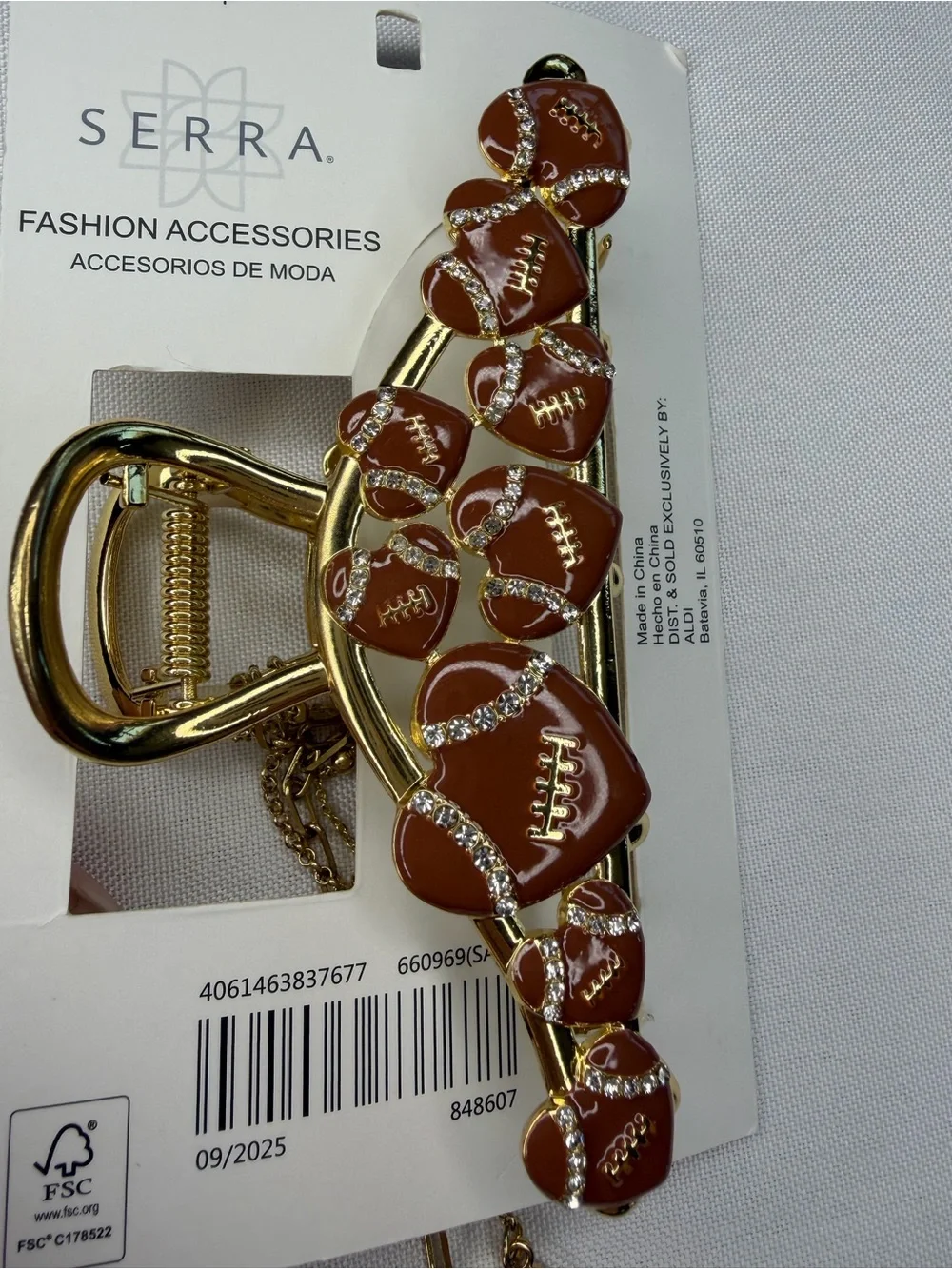 Serra Gold-Tone Football Hair Claw Clip with Dangle Chain And Football Charms